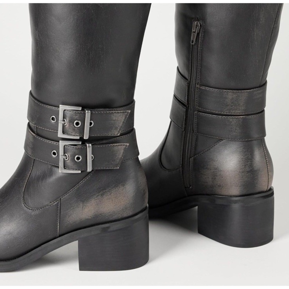 The Drop Women's Sage Tall Riding Motorcycle Boots Buckles Distressed Cognac 6.5